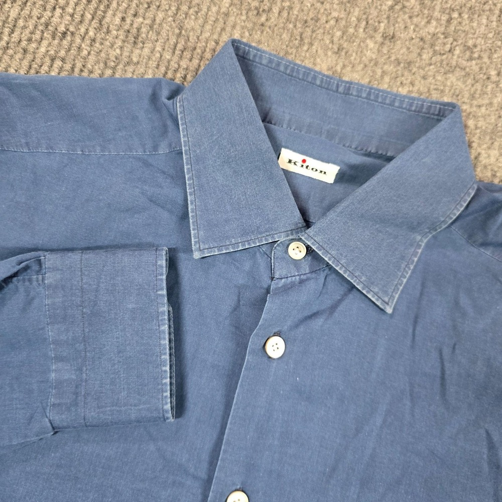 Kiton Shirt Mens XL Blue Solid Long Sleeve Button Up Chambray Cotton Pocket